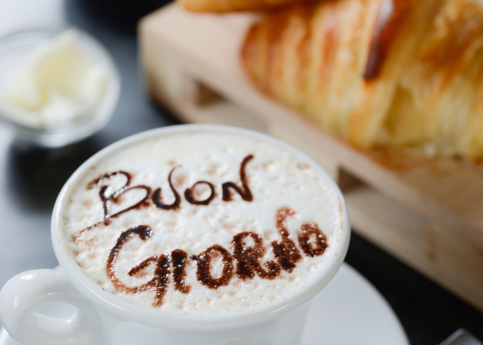 a coffee with buongiorno written on it