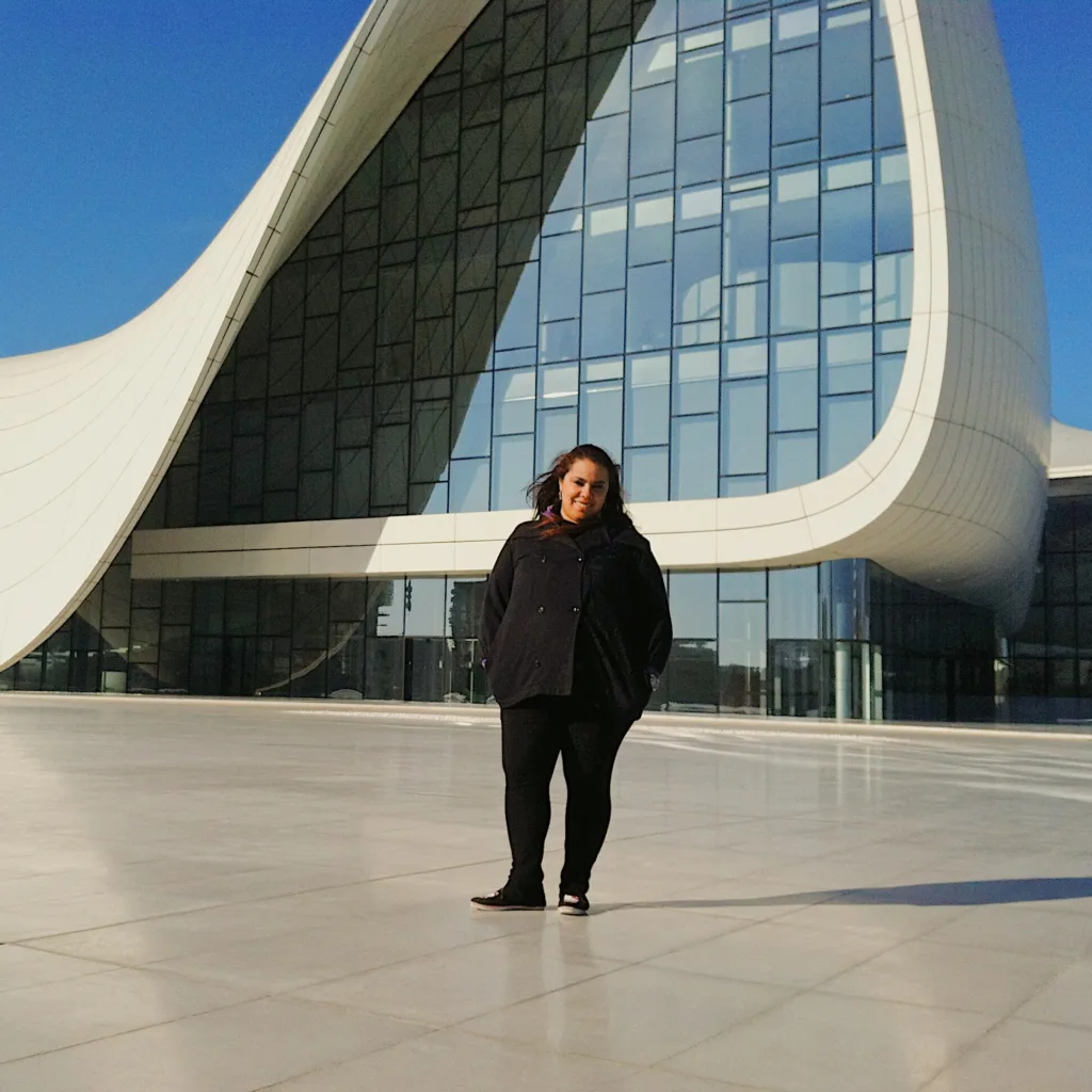 Azerbaijan Solo Female Travel Comprehensive Guide 2026 6 Brenda in front of Heydar Aliyev Center