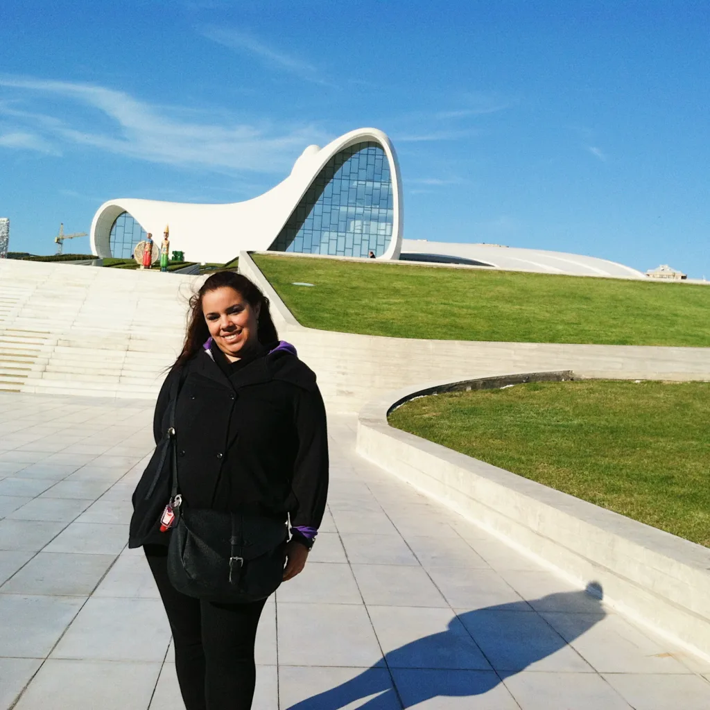 Azerbaijan Solo Female Travel Comprehensive Guide 2026 5 Brenda in front of the Heydar Aliyev Center