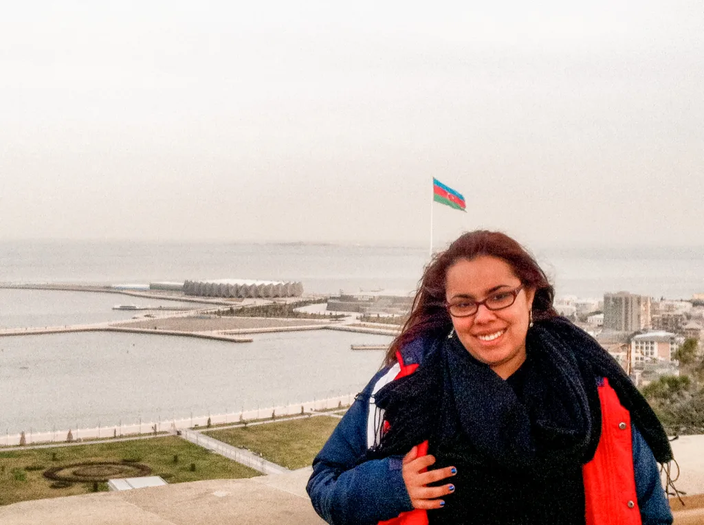 Azerbaijan Solo Female Travel Comprehensive Guide 2026 2 Brenda with the view of the Crystal Hall behind
