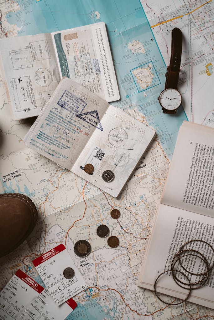 Viajar barato 1 Explore wanderlust with flatlay of passport, map, and travel essentials.